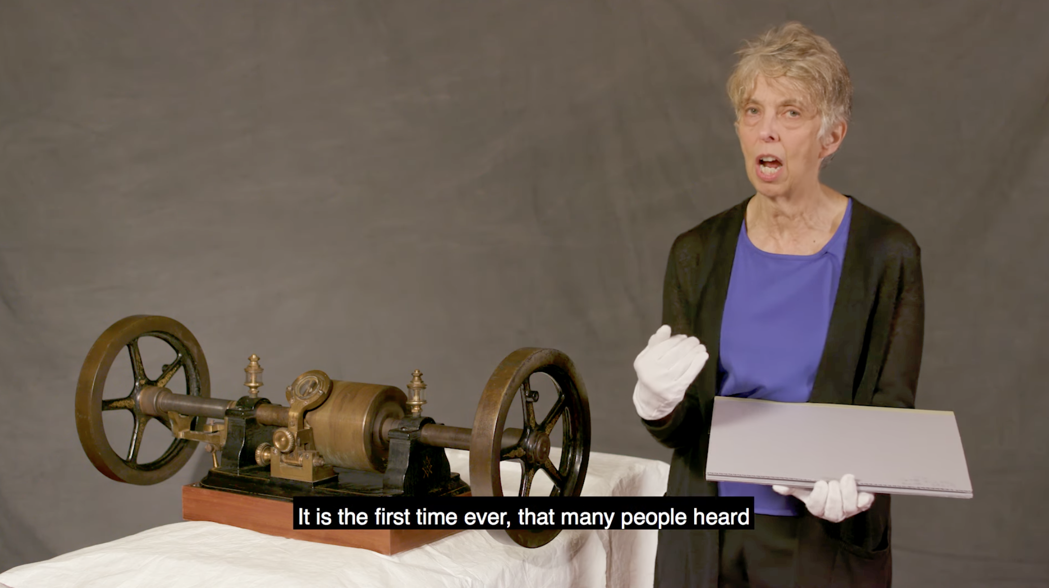 Screenshot of a Smithsonian curator demoing Thomas Edison's 1877 Tinfoil Phonograph