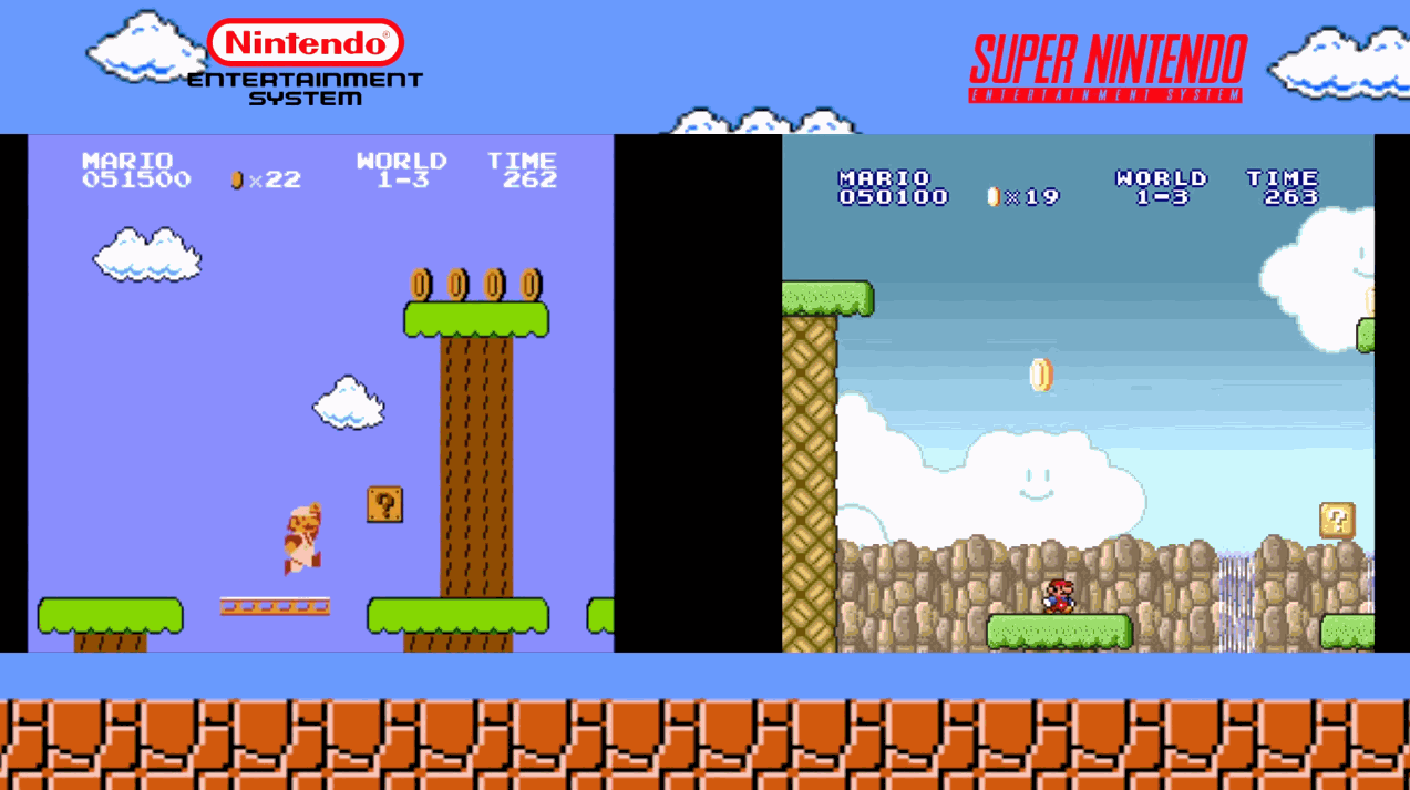 Side-by-side animated GIF comparison of an 8-bit system, versus a 16-bit system. The 16-bit system shows more color, texture, and detail.