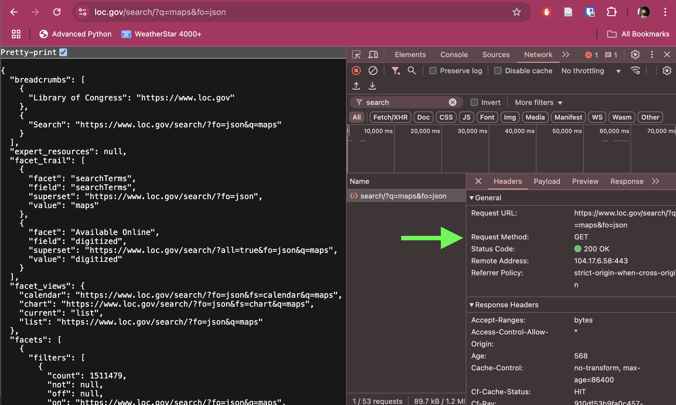 Screenshot of my browser screen with the inspect feature open, with a large green arrow pointing to the Request Method value in the Network tab.