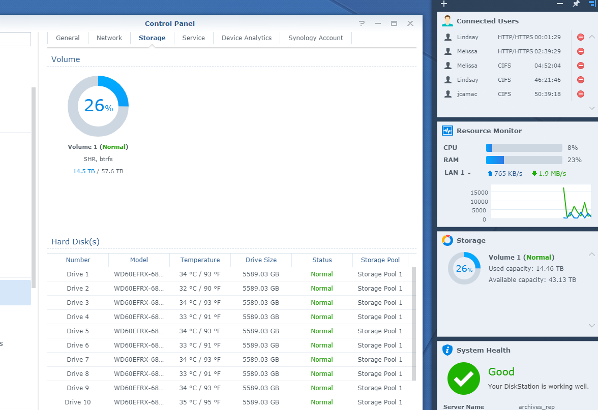 Screenshot of storage monitoring screen