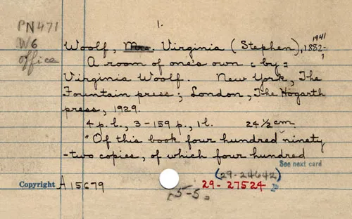 Scanned image of a hand-written card from a card catalog for Virginia Woolf's A Room of One's Own