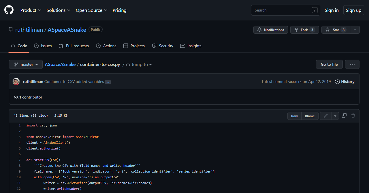 Screen capture of the ArchivesSnake Github repository