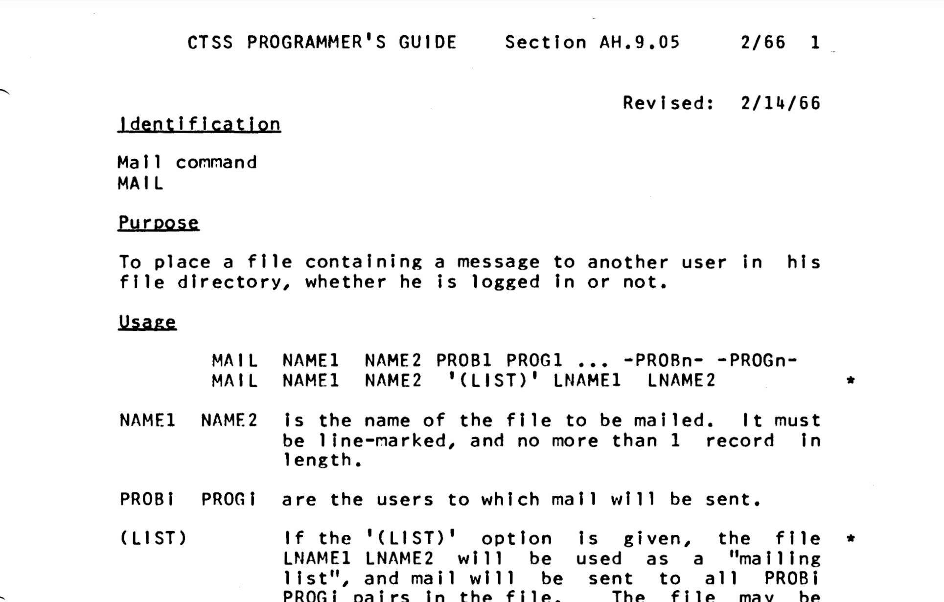 Excerpt from the CTSS (Compatible Time-Sharing System) Programmer’s Guide, specifically describing the MAIL command—one of the earliest examples of electronic mail functionality