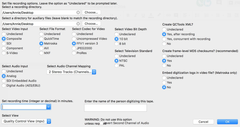 Screen capture of the capture software vrecord.