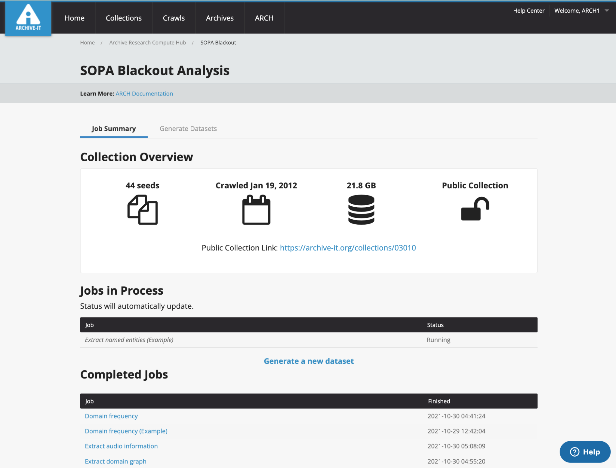 Screen capture of the Archive-It tool